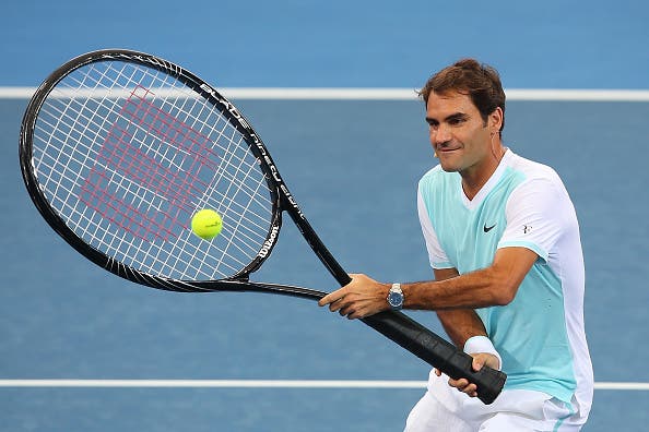 BRISBANE, AUSTRALIA - JANUARY 03:  Roger Federer of Switzerland takes part in the Pat Rafter Arena Spectacular during day one of the 2016 Brisbane International at Pat Rafter Arena on January 3, 2016 in Brisbane, Australia.  (Photo by Chris Hyde/Getty Images)