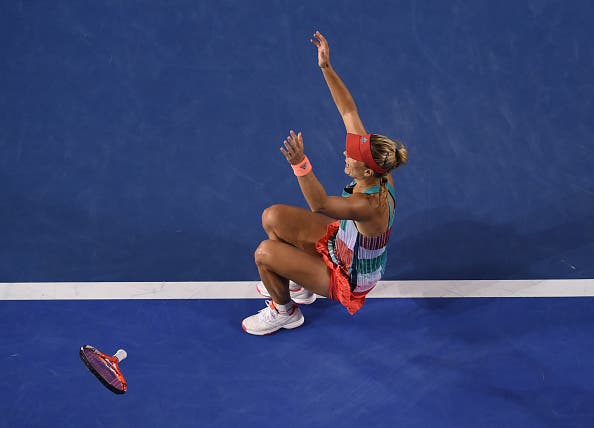Germany's Angelique Kerber celebrates after victory in her women's singles final match against Serena Williams of the US on day thirteen of the 2016 Australian Open tennis tournament in Melbourne on January 30, 2016. AFP PHOTO / WILLIAM WEST-- IMAGE RESTRICTED TO EDITORIAL USE - STRICTLY NO COMMERCIAL USE / AFP / WILLIAM WEST (Photo credit should read WILLIAM WEST/AFP/Getty Images)