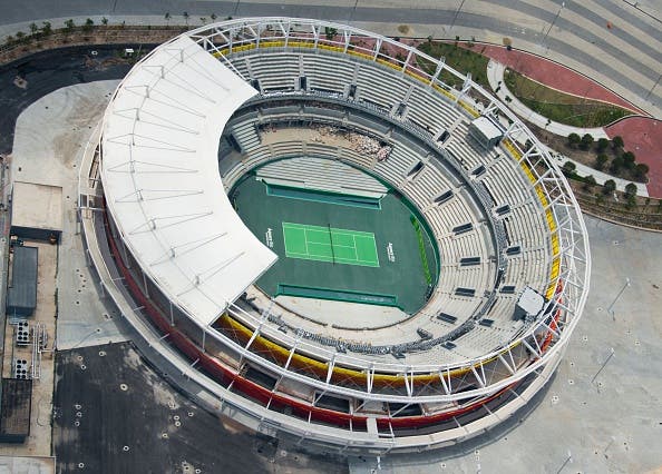 Aerial view of Tennis Arena in the Olympic Village in Rio de Janeiro, Brazil, on February 3, 2016.  AFP PHOTO/VANDERLEI ALMEIDA Stadiun Olimpic better known as "Engenhão" / AFP / VANDERLEI ALMEIDA        (Photo credit should read VANDERLEI ALMEIDA/AFP/Getty Images)