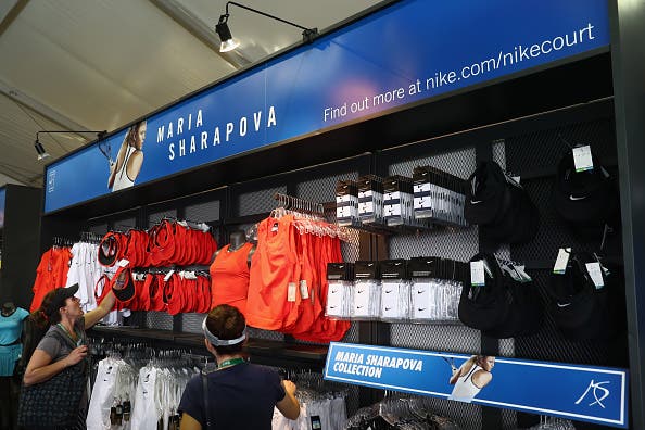 INDIAN WELLS, CA - MARCH 10: Maria Sharapova's Nike products are seen for sale in the merchandise store during day four of the BNP Paribas Open at Indian Wells Tennis Garden on March 10, 2016 in Indian Wells, California. (Photo by Julian Finney/Getty Images)