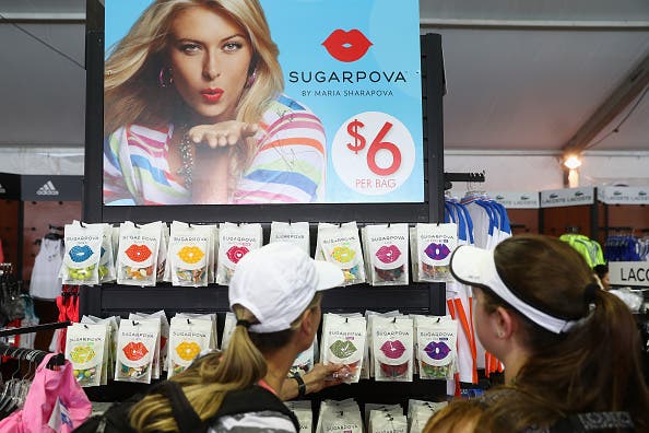 INDIAN WELLS, CA - MARCH 10: Maria Sharapova's products are seen for sale in the merchandise store during day four of the BNP Paribas Open at Indian Wells Tennis Garden on March 10, 2016 in Indian Wells, California. (Photo by Julian Finney/Getty Images)