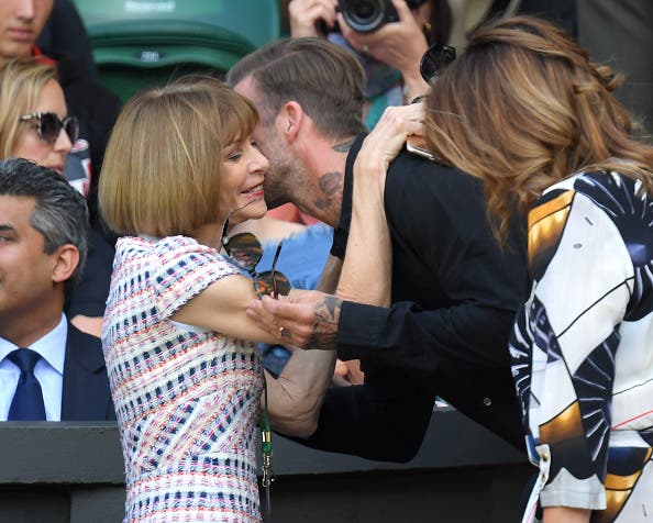 LONDON, ENGLAND - JULY 06: Anna Wintour and David Beckham attend day nine of the Wimbledon Tennis Championships at Wimbledon on July 06, 2016 in London, England. (Photo by Karwai Tang/WireImage)