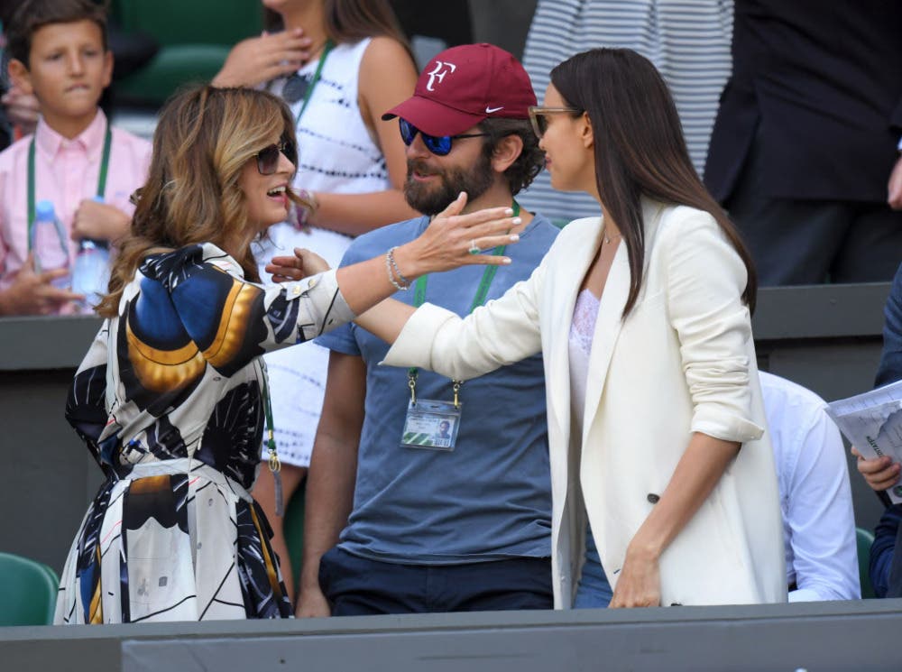 LONDON, ENGLAND - JULY 06:  Mirka Federer, Bradley Cooper and Irina Shayk attend day nine of the Wimbledon Tennis Championships at Wimbledon on July 06, 2016 in London, England.  (Photo by Karwai Tang/WireImage) ORG XMIT: 650531173 ORIG FILE ID: 545181842