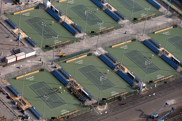 RIO DE JANEIRO, BRAZIL - JULY 25:  Work continues at Olympic Park including the Olympic Tennis Center in preparation for the 2016 Summer Olympic Games on July 25, 2016 in Rio de Janeiro, Brazil.  (Photo by Matthew Stockman/Getty Images)