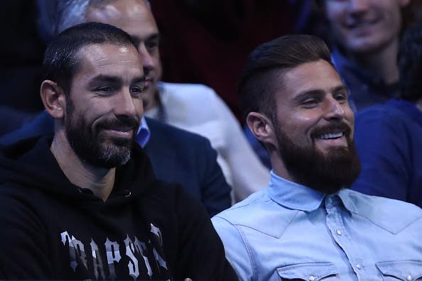 LONDON, ENGLAND - NOVEMBER 20:  (L-R) Footballers Robert Pires and Robert Giroud attend the Singles Final between Novak Djokovic of Serbia and Andy Murray of Great Britain at the O2 Arena on November 20, 2016 in London, England.  (Photo by Julian Finney/Getty Images)
