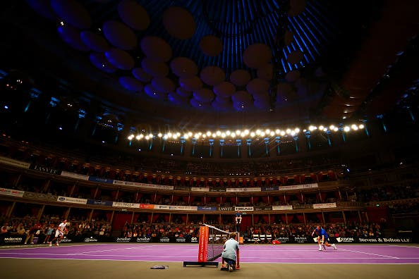 LONDON, ENGLAND - DECEMBER 02:  Greg Rusedski of Great Britain hits a forehand during his match against Tim Henman of Great Britain during day three of the Champions Tennis at the Royal Albert Hall on December 2, 2016 in London, England.  (Photo by Dan Istitene/Getty Images)