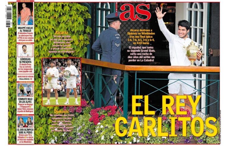 Alcaraz ‘enche’ as capas de jornais após título em Wimbledon